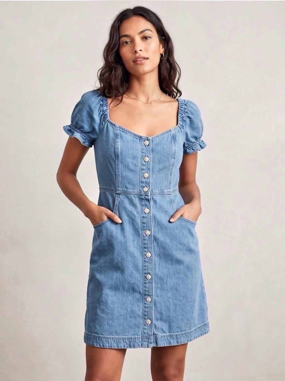 Madewell Denim Puff-Sleeve Mini Dress Blue Size 6